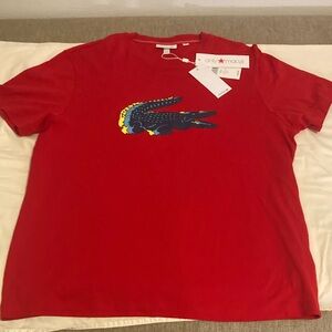 Lacoste Red Short Sleeve Tee with Blue Logo XL